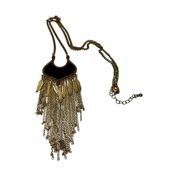Black Enamel Amulet Goldtone Feather Very Long Necklace Tassels BOHO Ethnic Goth - Picture 6 of 9